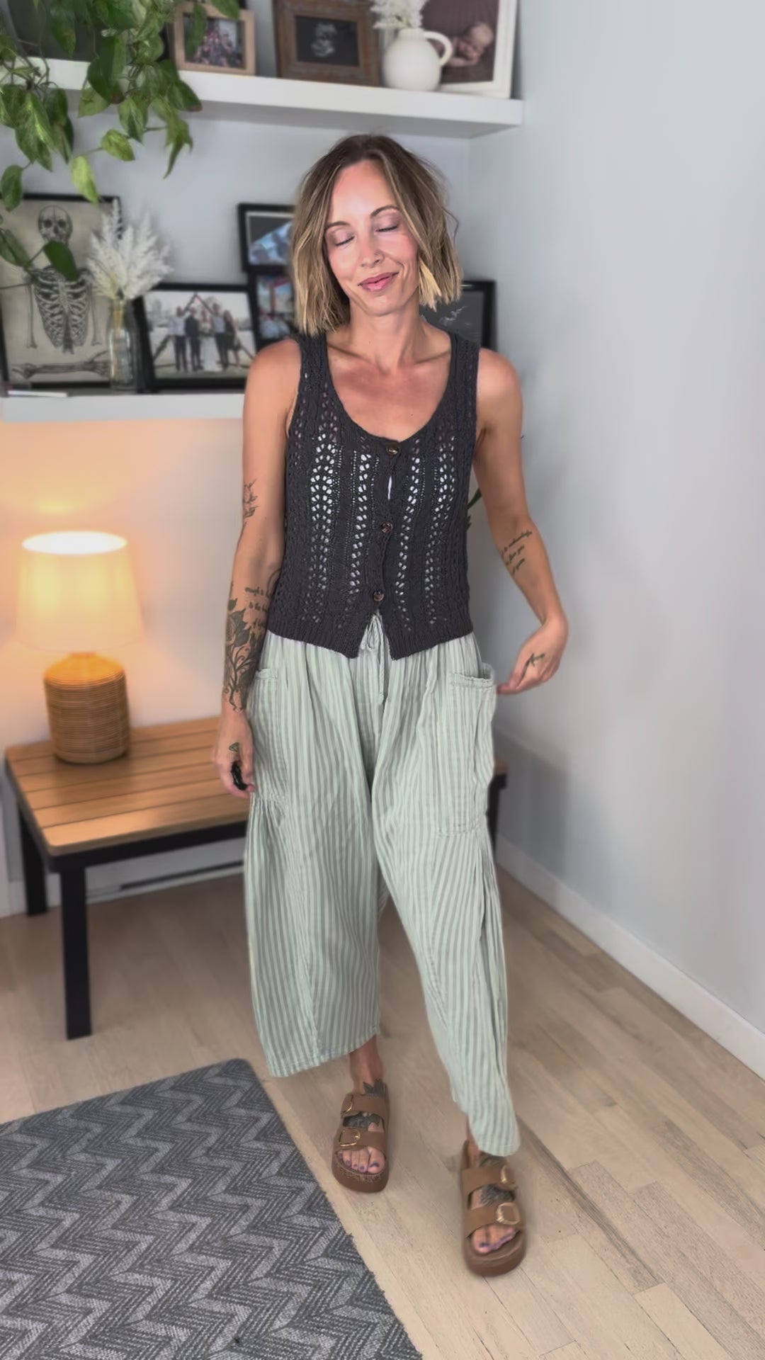 Kesha Crochet Knit Button Front Top- DARK GREY