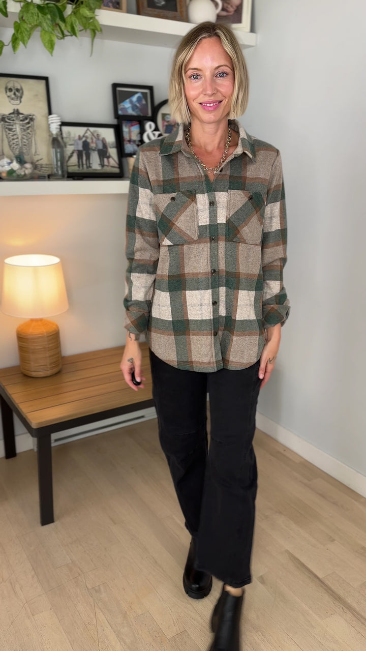 Arabella Plaid Button Up Shacket- TAN/GREEN/RUST-FINAL SALE