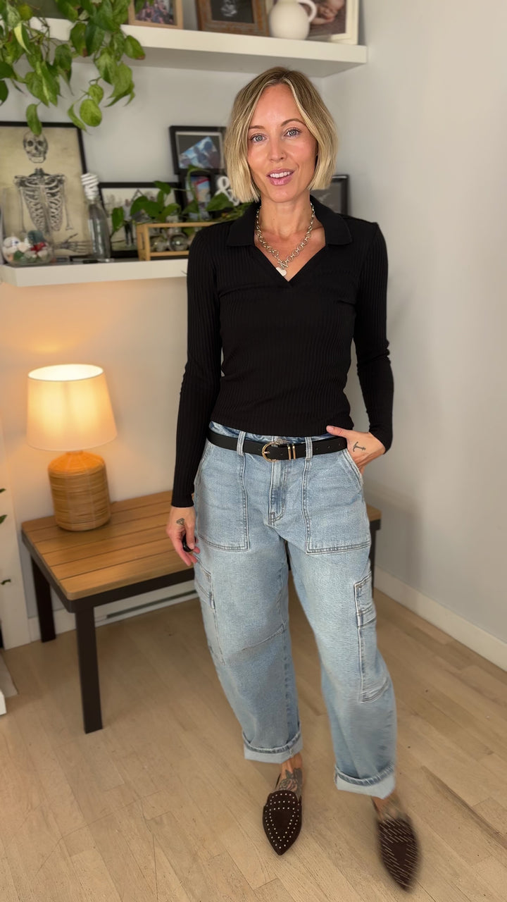 Only Daisy Long Sleeve Collar Top- BLACK-FINAL SALE