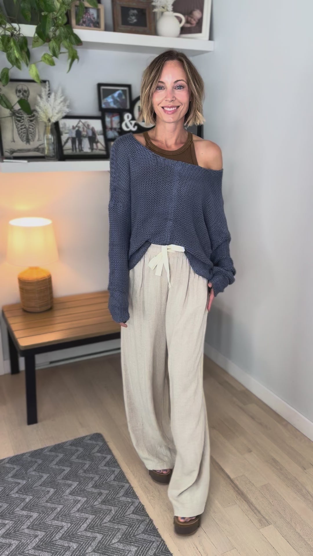Cambria Long Sleeve V-Neck Cable Knit Sweater- BLUE/GREY