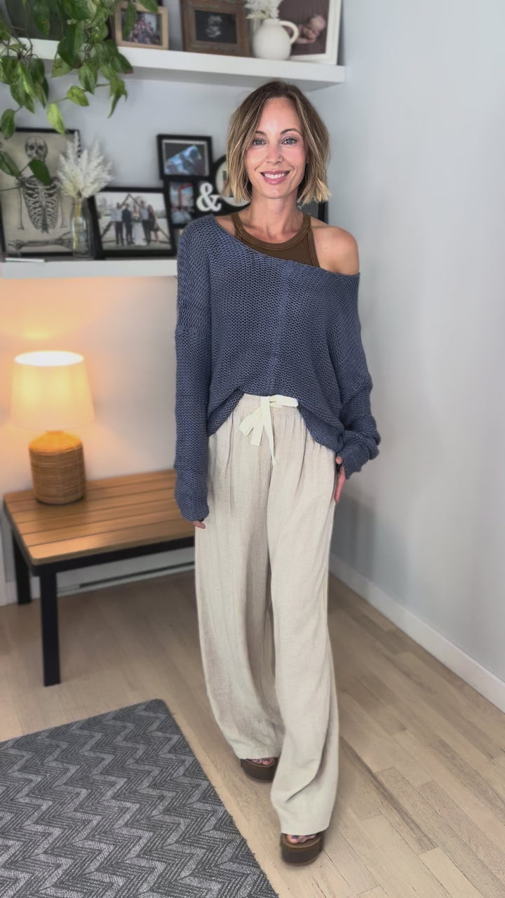 Cambria Long Sleeve V-Neck Cable Knit Sweater- BLUE/GREY
