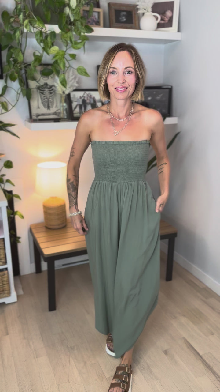 Quiver Strapless Wide Leg Jumpsuit- OLIVE
