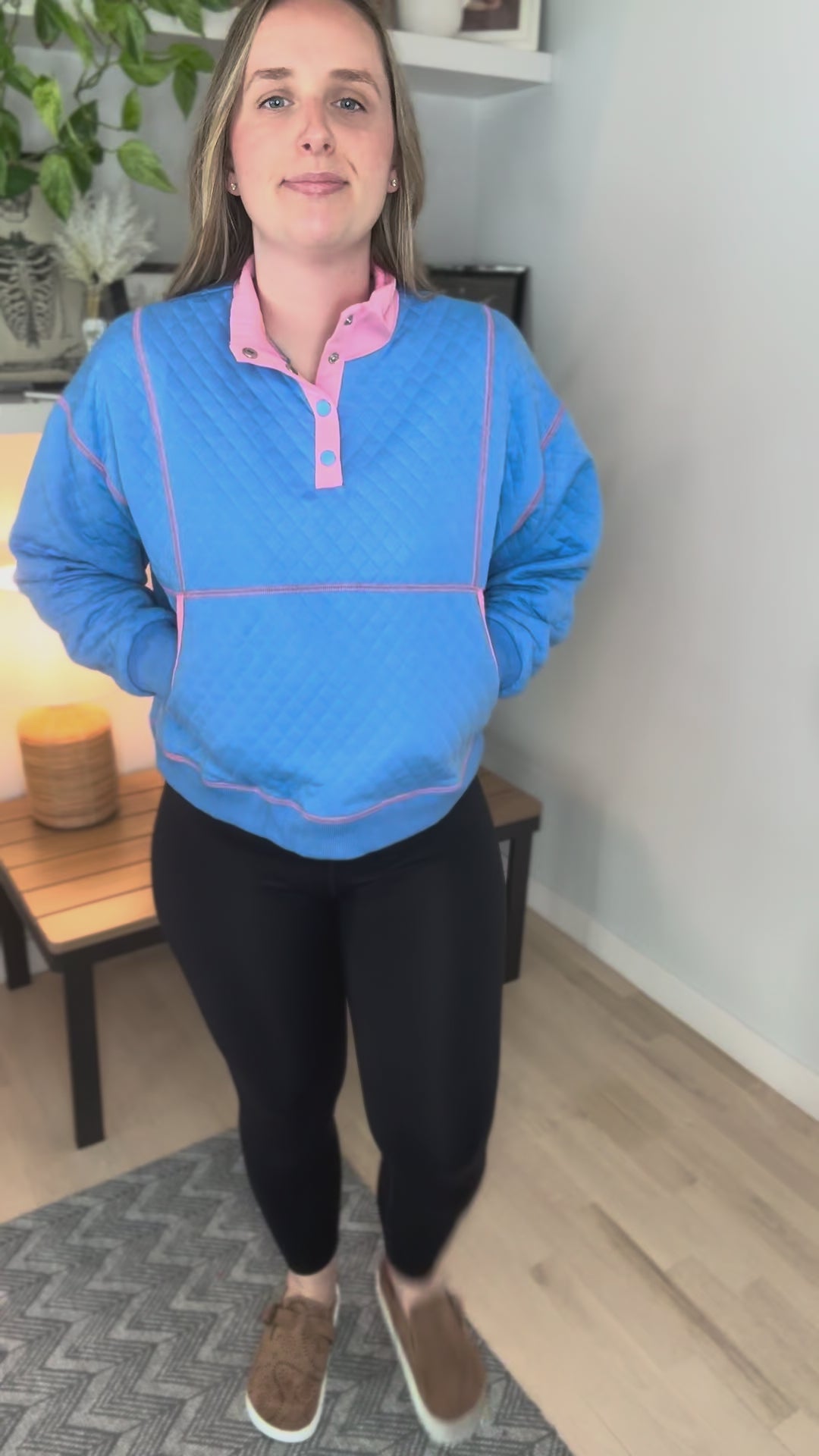 Teigan Quilted Snap Pullover- ROYAL BLUE/PINK