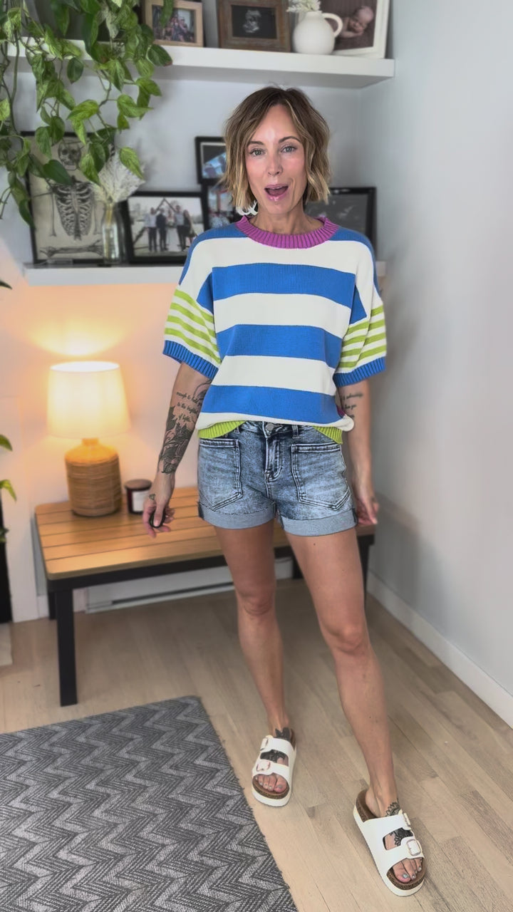 Feel Good Cotton Sweater Top- Electric Blue/Lime