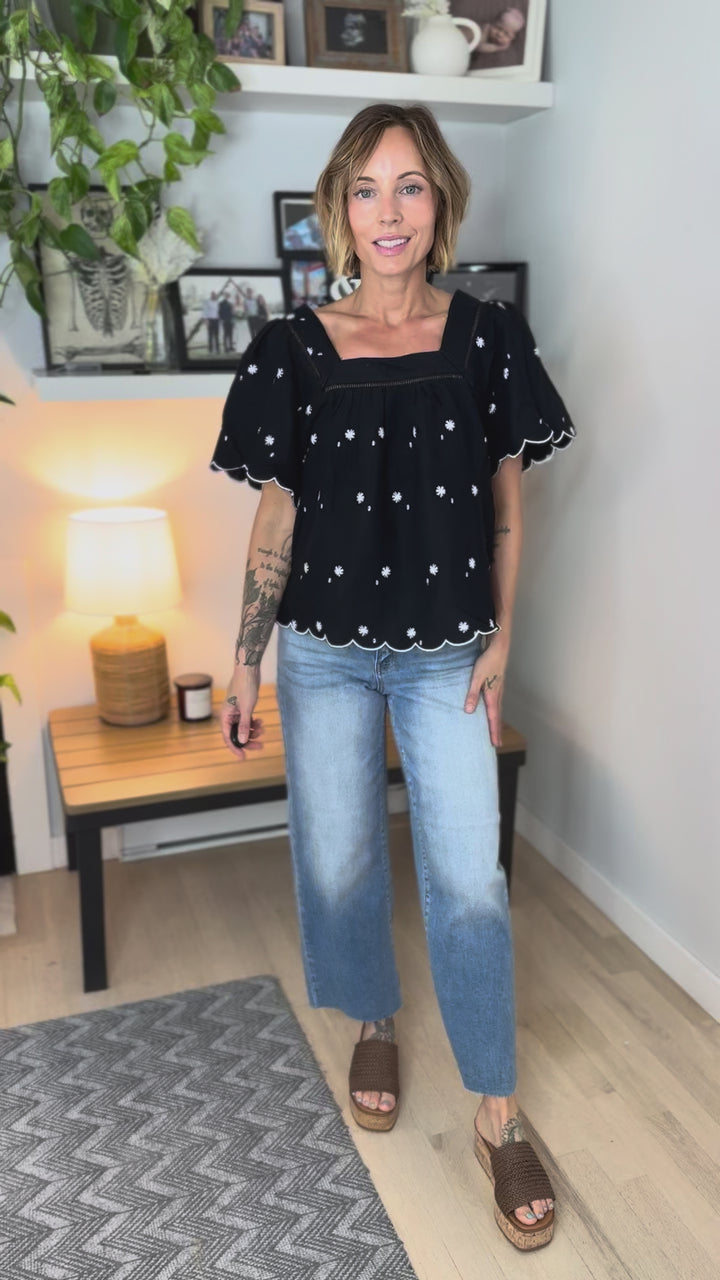Orabelle Daisy Cotton Embroidered Blouse- BLACK