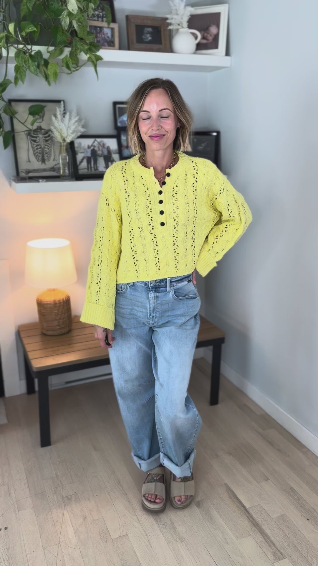 Cove Textured Cropped Henley Knit Sweater- YELLOW