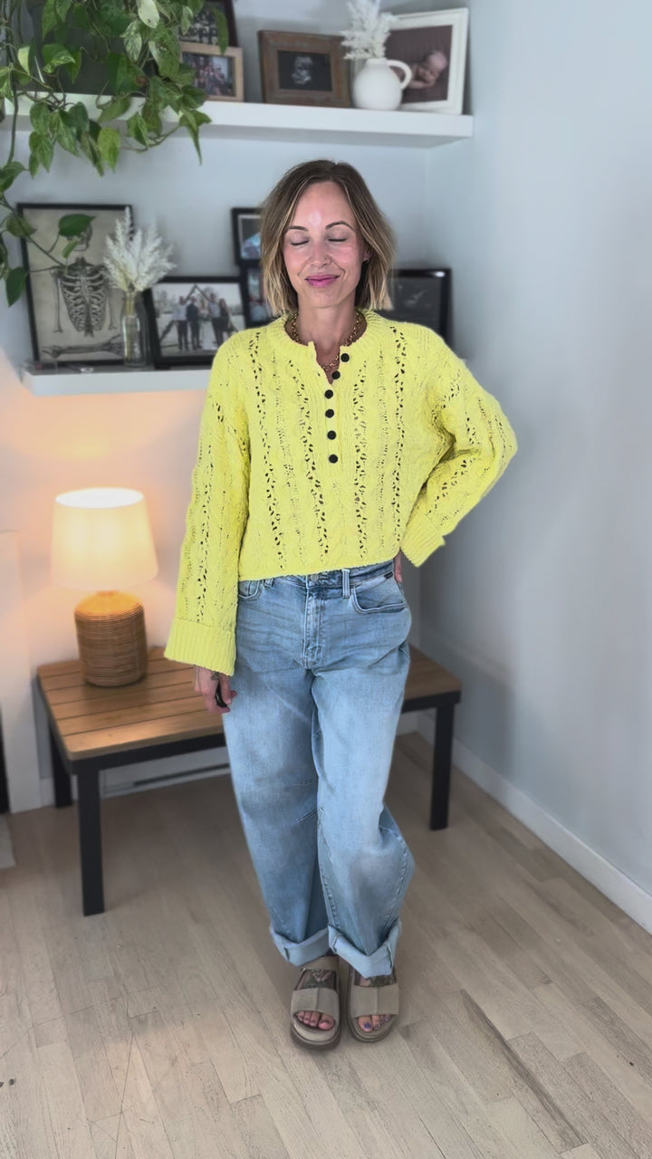 Cove Textured Cropped Henley Knit Sweater- YELLOW
