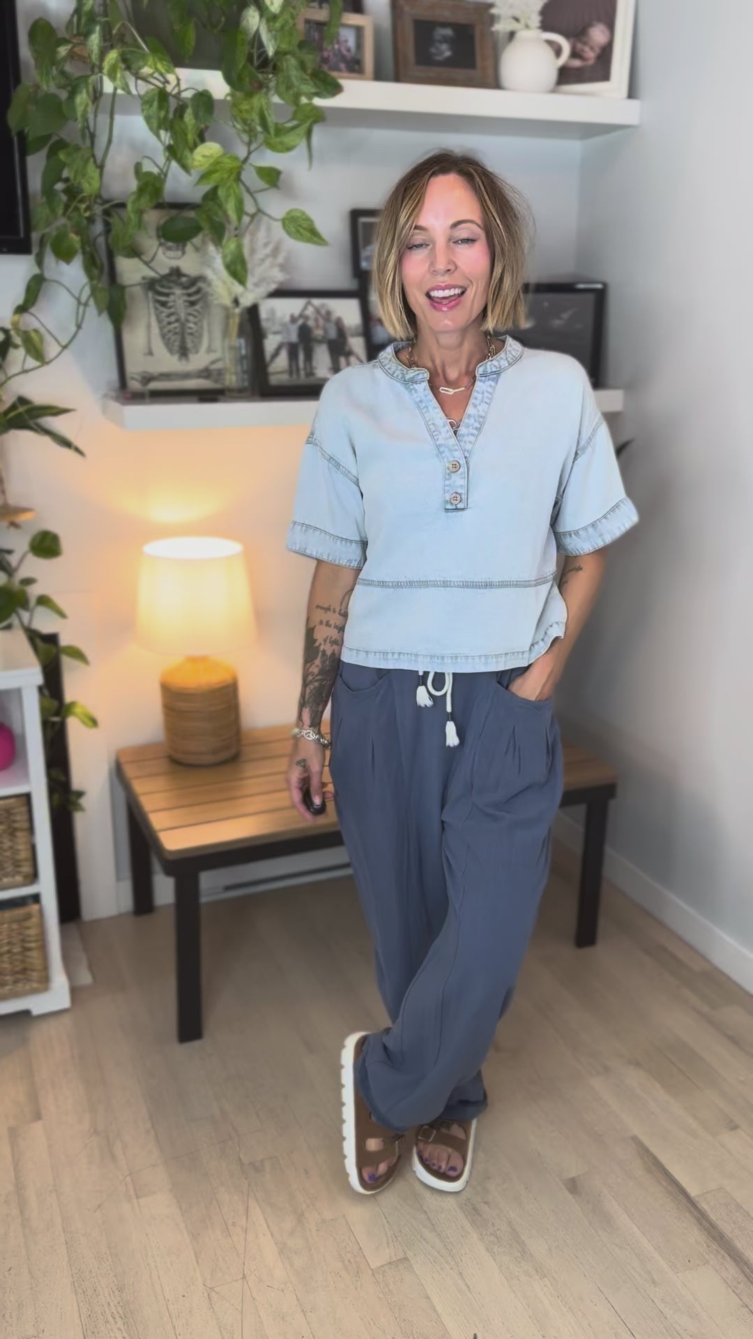 Teryn Denim Split Neck Top