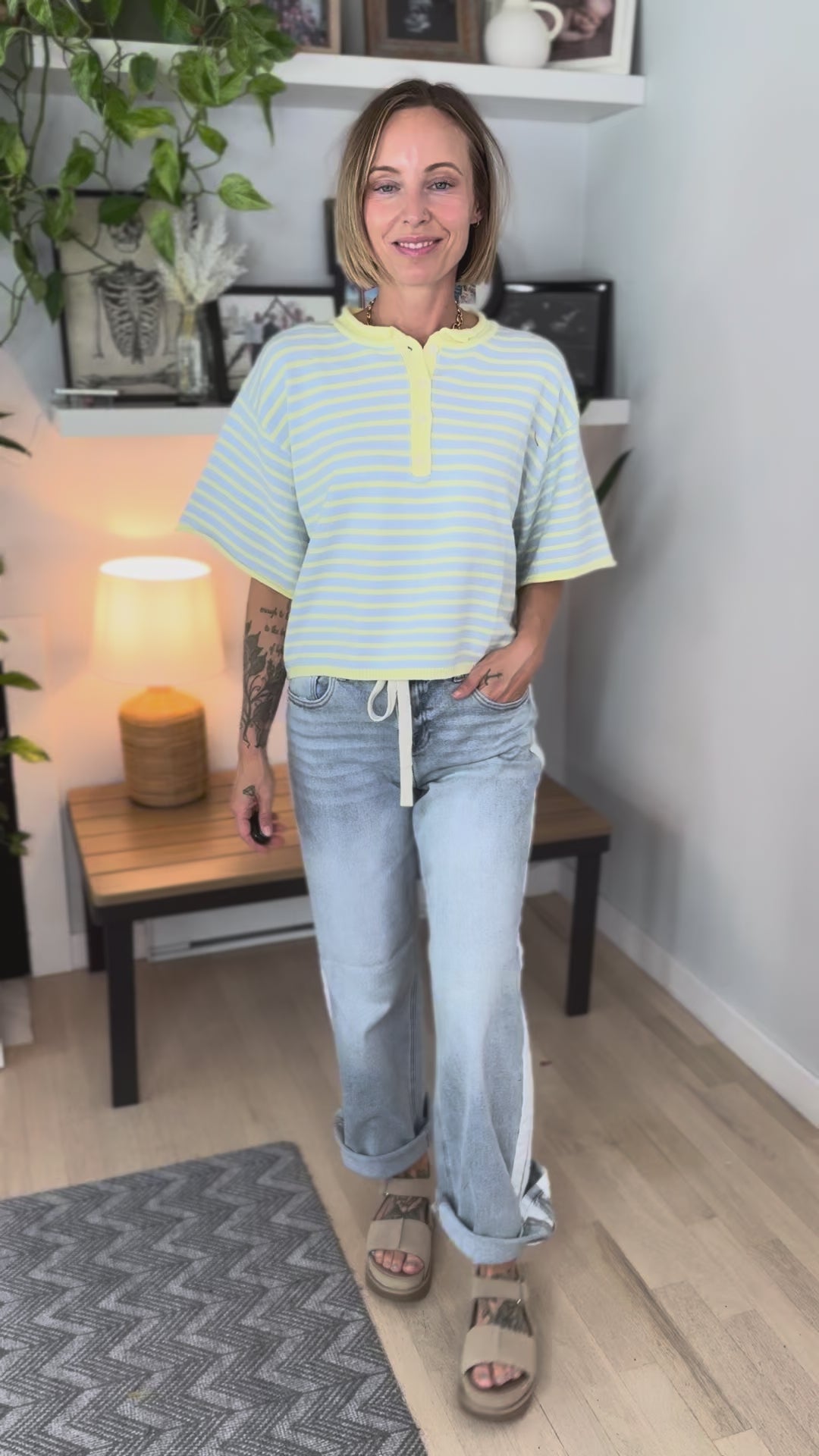 Palmer Striped Short Sleeve Henley- BLUE LEMONADE
