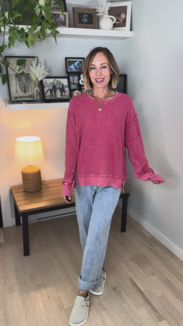 Brielle Mineral Washed Thermal Pullover- BOHO RED
