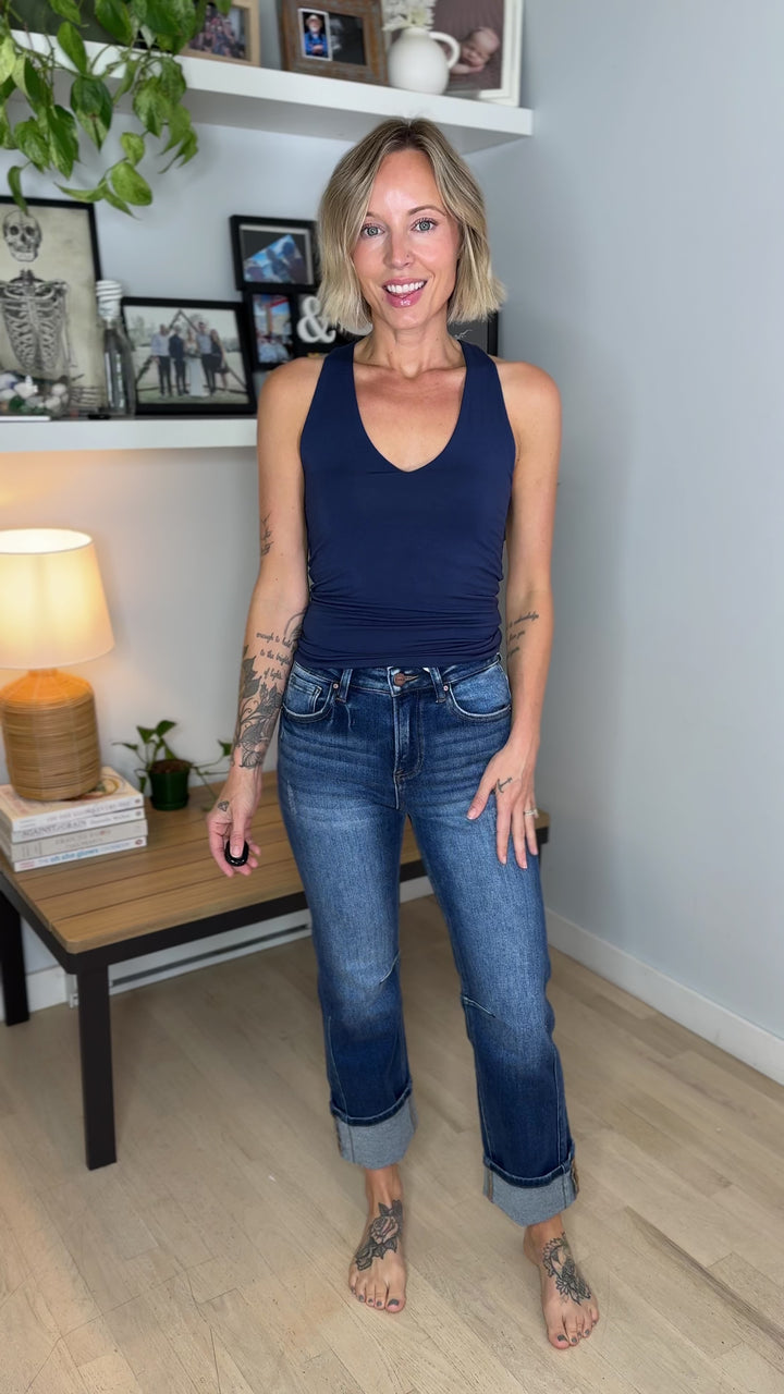 Risen Adley High Rise Cuffed Jeans- DARK WASH