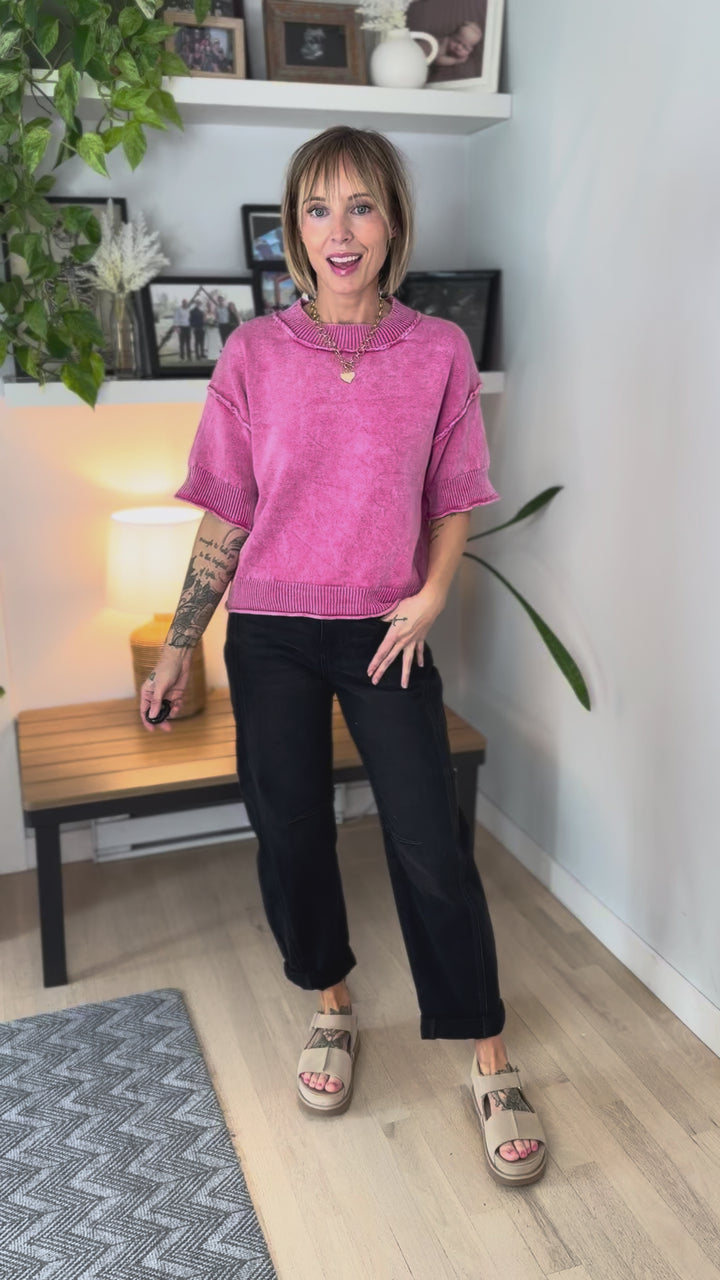 Anabella Washed 1/2 Sleeve Sweater- HOT PINK