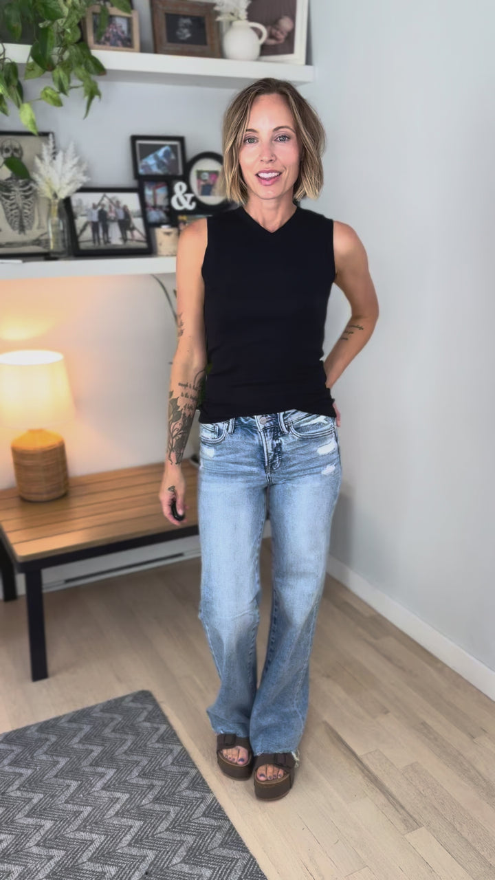 Risen Winnie Mid Rise Tapered Wide Leg Jeans- LIGHT WASH