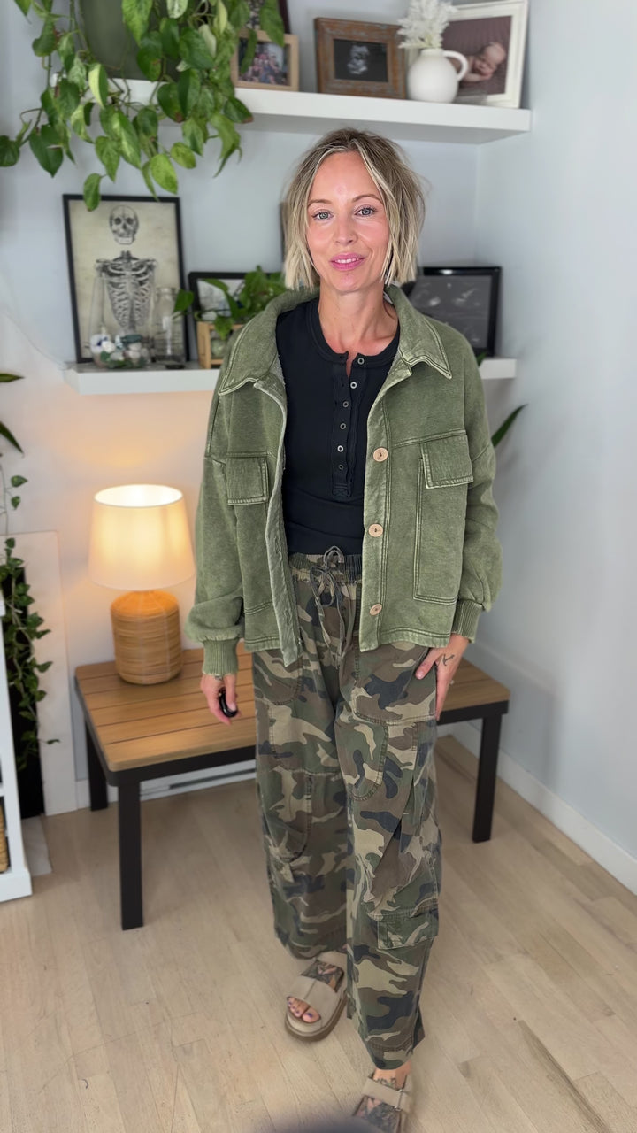 Ryanne Washed Fleece Shacket- LIGHT OLIVE