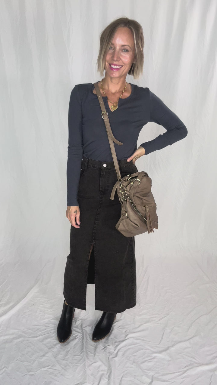 Matilda Elastic Waist Twill  Maxi Skirt- BLACK-FINAL SALE