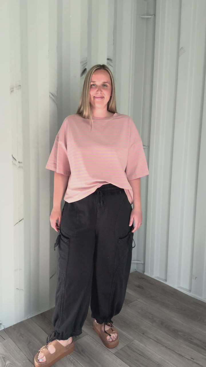 Islaire Oversized Stripe Boyfriend Tee- PINK/OAT