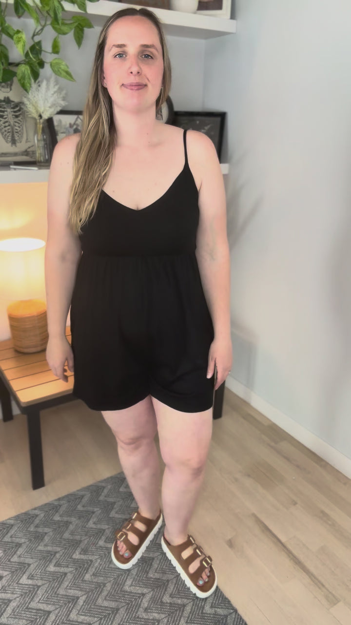 Arianna Ribbed Knit Babydoll Romper- BLACK