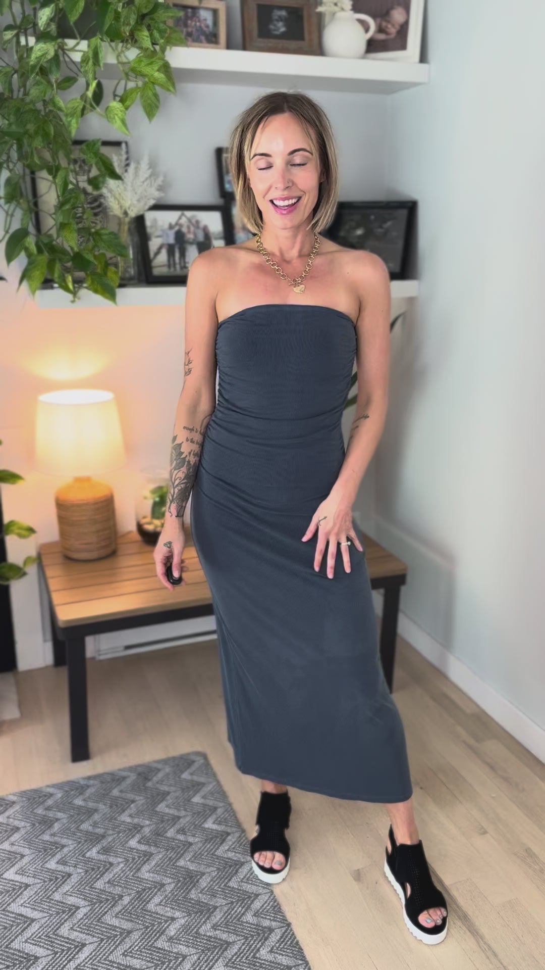 Isola Ribbed Tube Dress- CHARCOAL BLUE