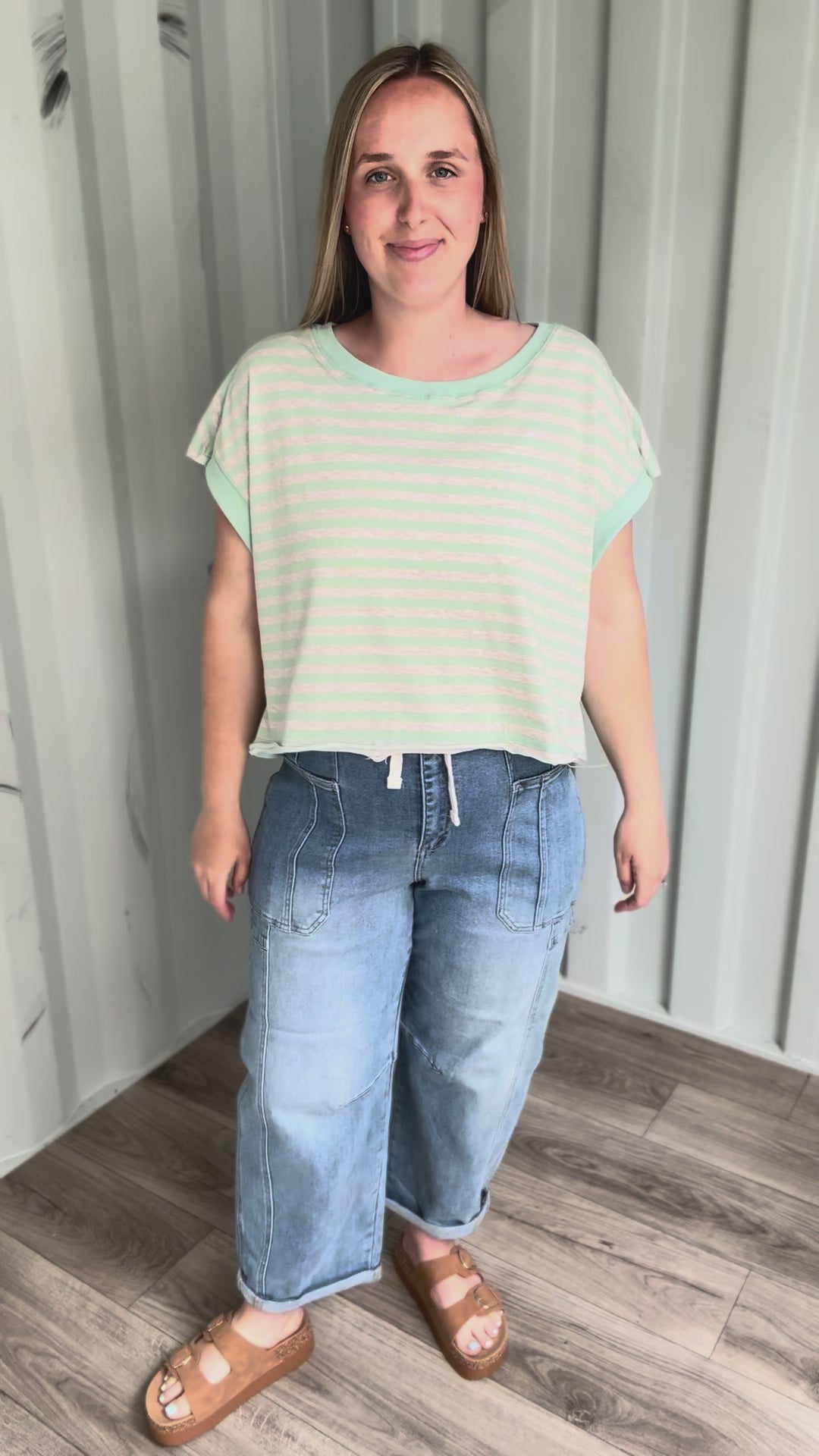 Melissa Striped Terry Open Back Top- MINT/HEATHER OATMEAL