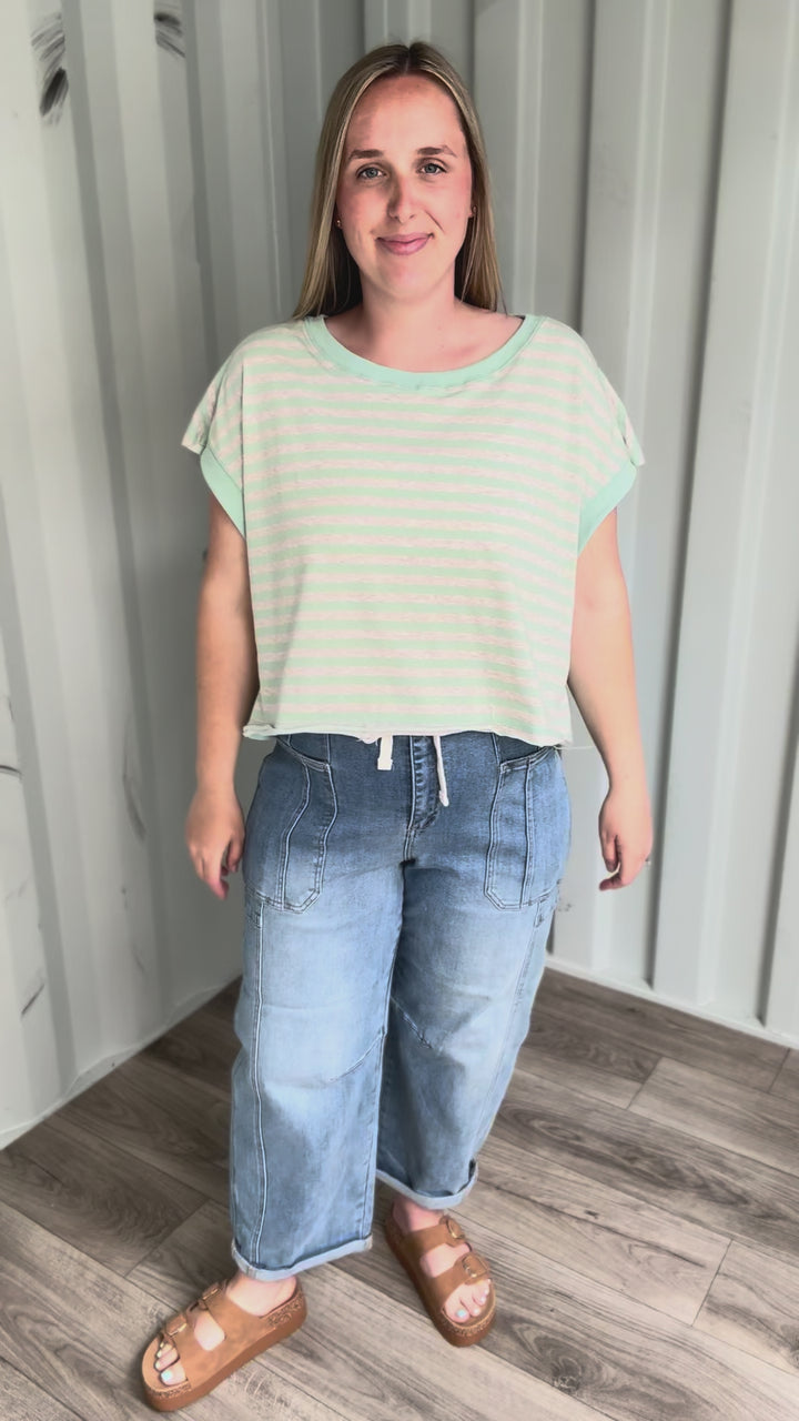 Melissa Striped Terry Open Back Top- MINT/HEATHER OATMEAL