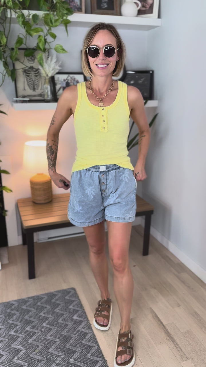 Tropical Breeze Ribbed Henley Tank- LEMON