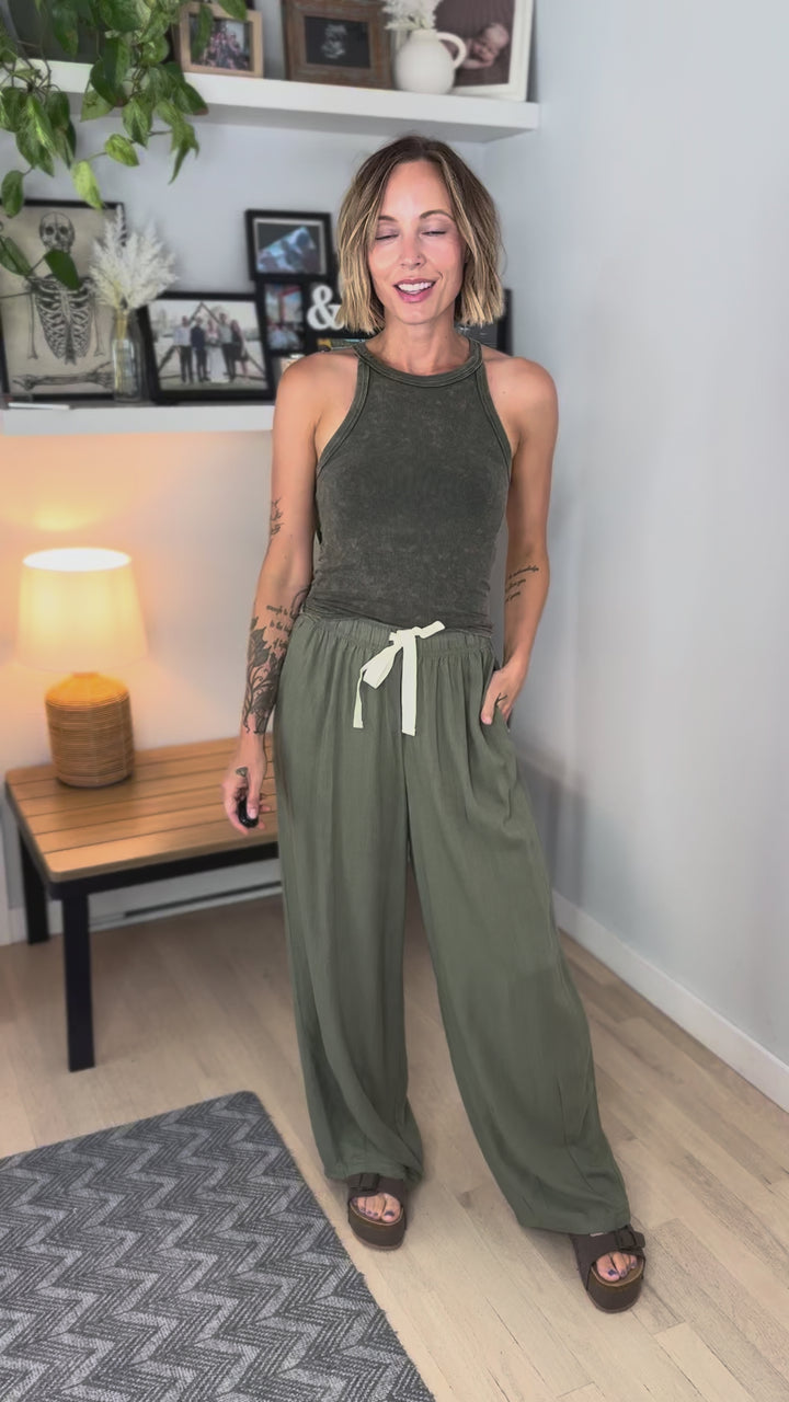 Maui Linen Blend Drawstring Pant- LT OLIVE