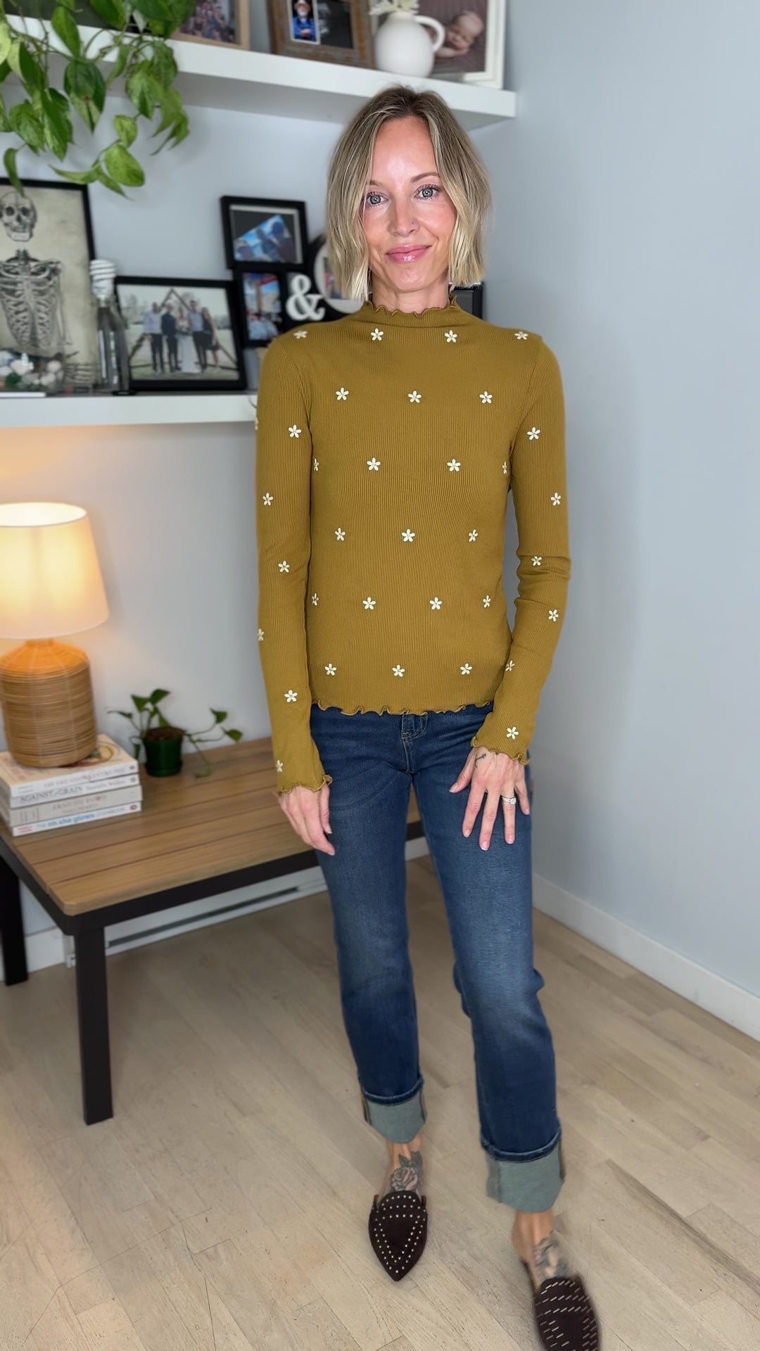 Mila Mock Neck Cabbage Hem Long Sleeve Top- DARK MUSTARD