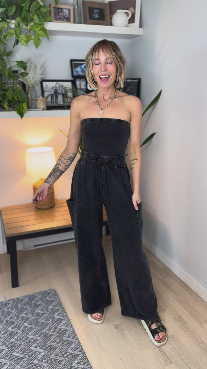 Whitney Strapless Cargo Jumpsuit- BLACK