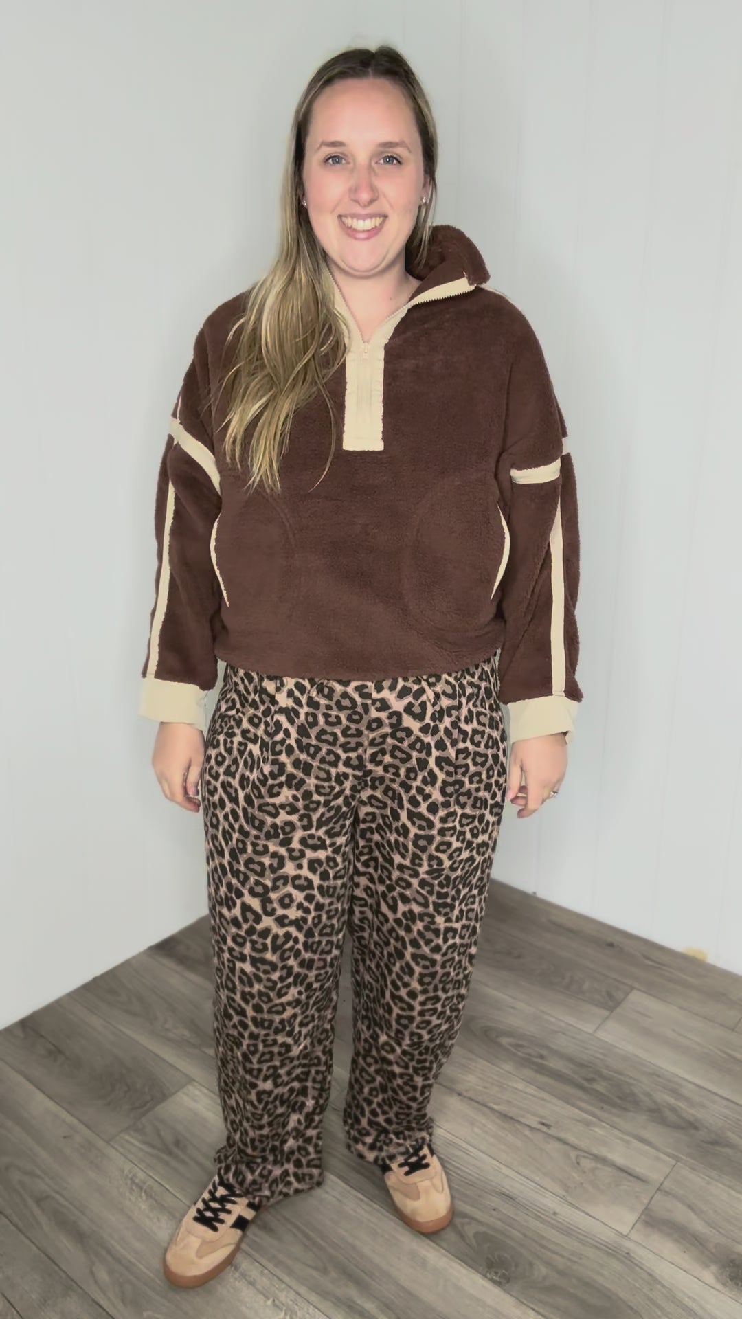Justina Half Zip Sherpa Fleece Pullover- BROWN