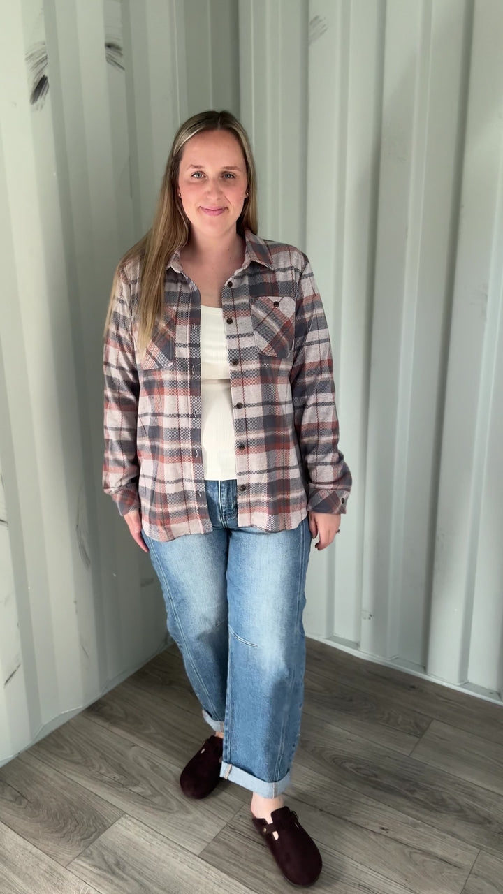 Arabella Plaid Button Up Shacket- DUSTY BLUE/ BIRCH & TAN-FINAL SALE