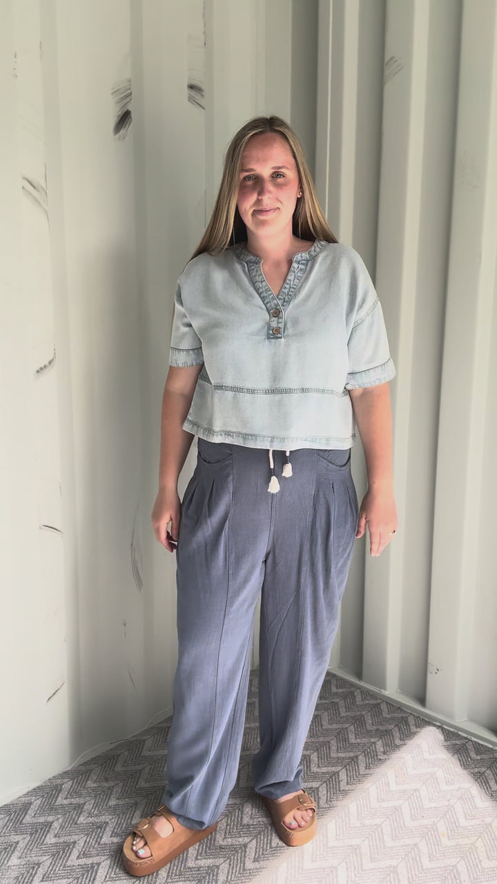 Teryn Denim Split Neck Top