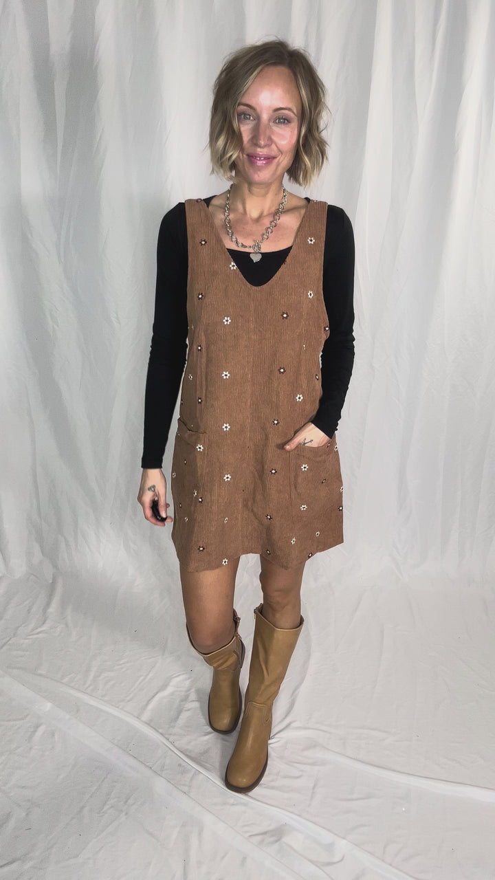 Posies Floral Embroidered Corduroy Jumper Dress- CARAMEL
