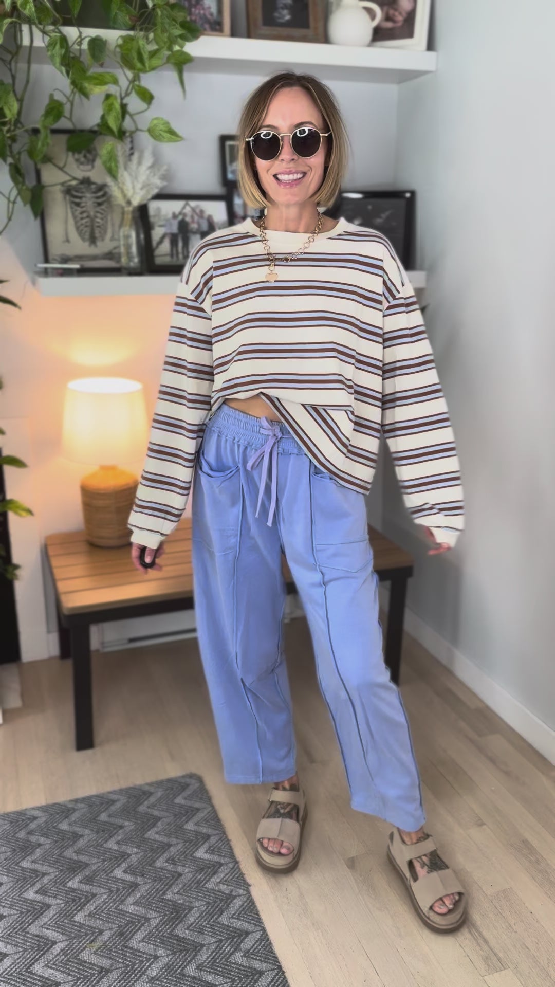 Daisee Stripe Cotton Crewneck- BLUE CAMEL