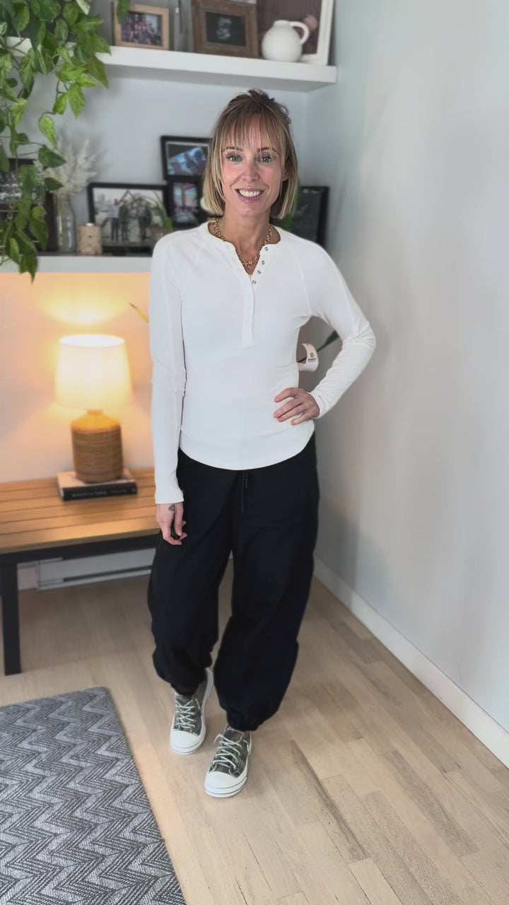 Mono B Breeze Micro Ribbed Henley Top- BASIC WHITE-FINAL SALE