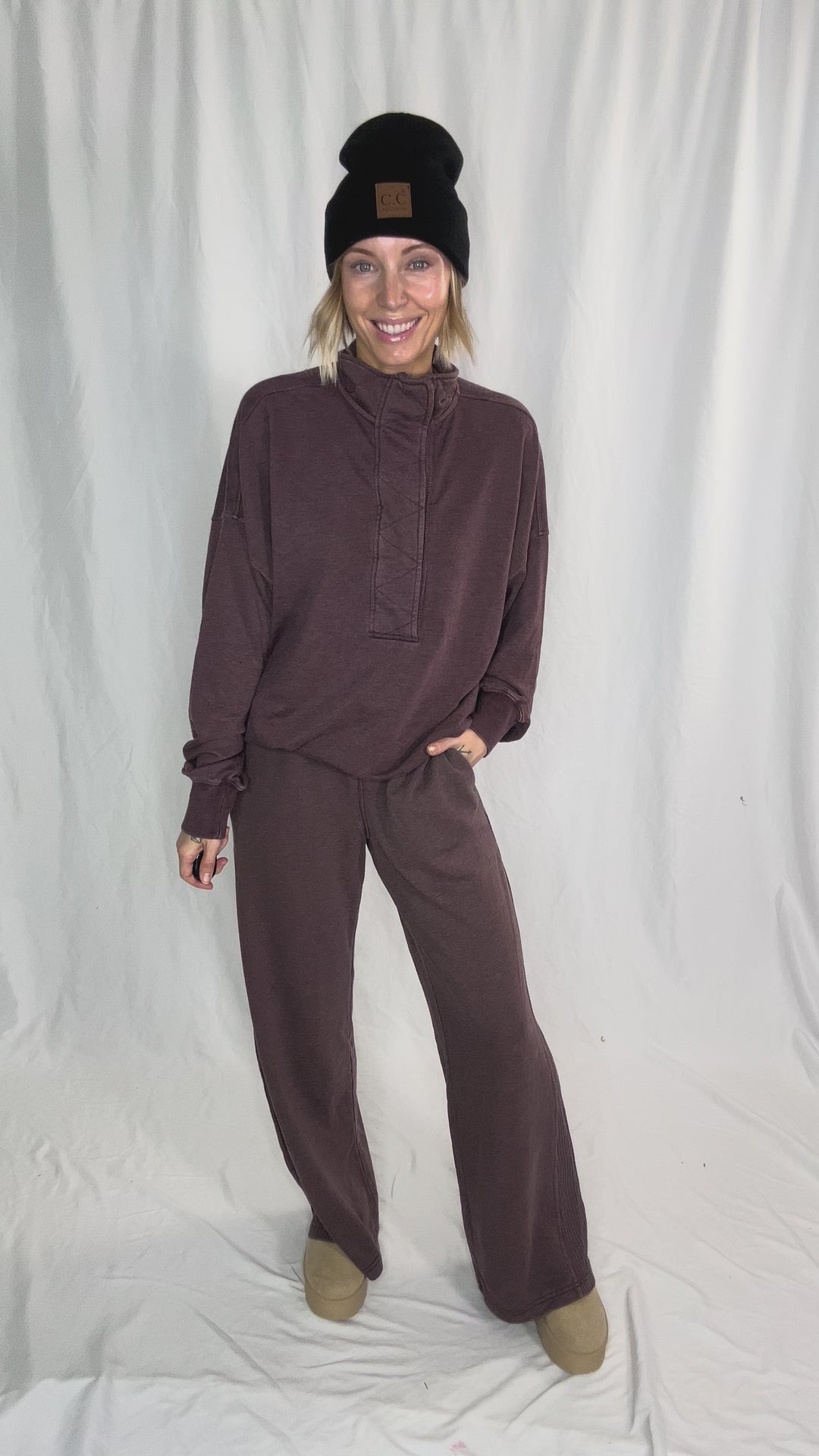 Margot Waffle Contrast Pant- DARK CHERRY