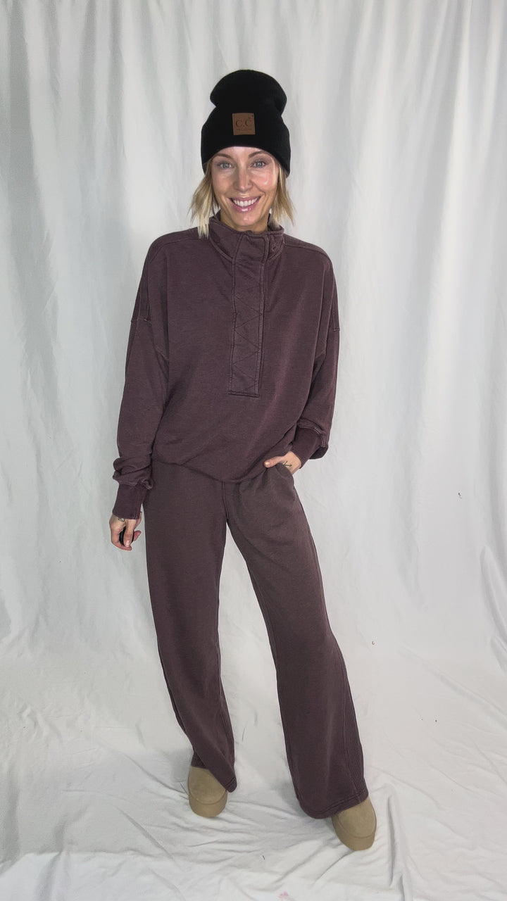 Margot Waffle Contrast Pant- DARK CHERRY