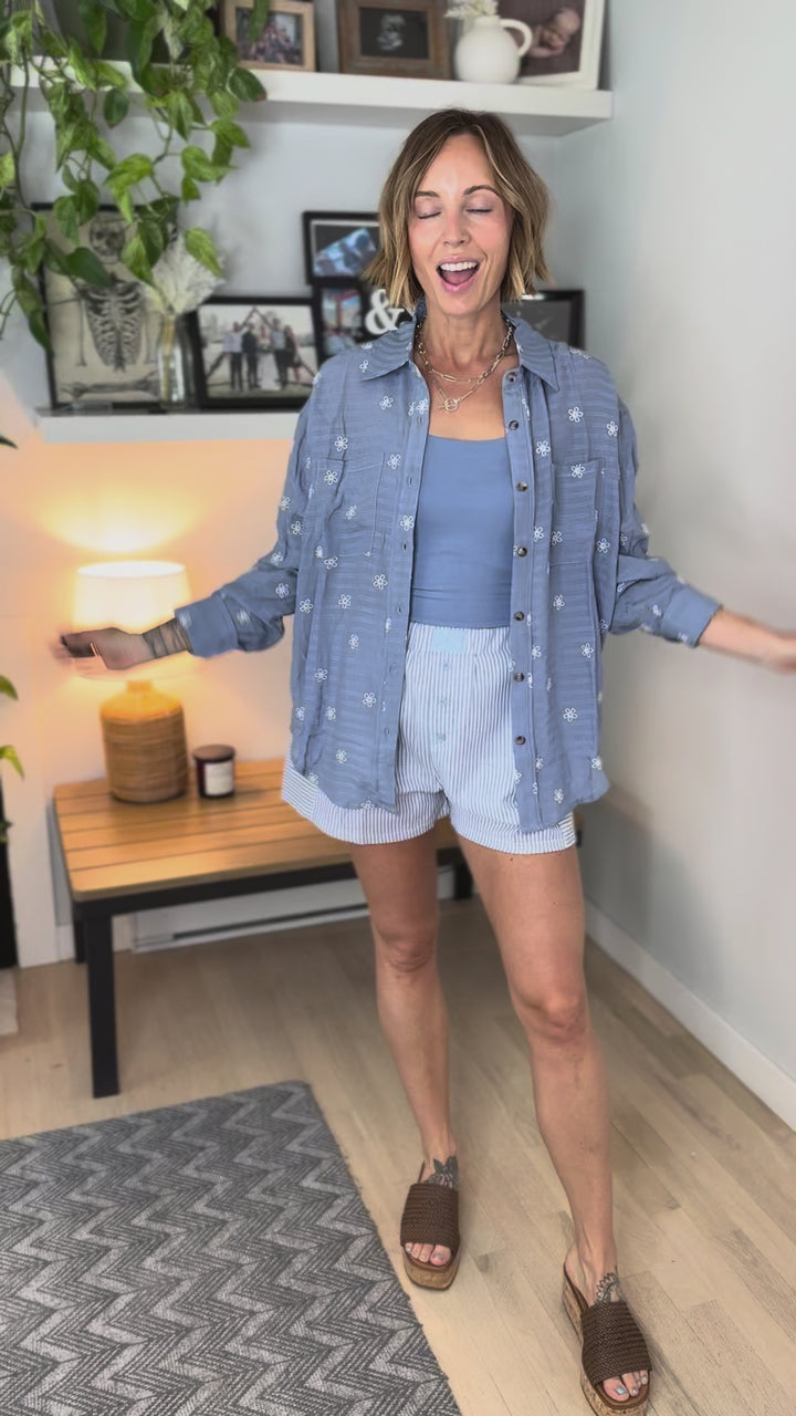 Vivi Embroidered Button Down- DUSTY BLUE