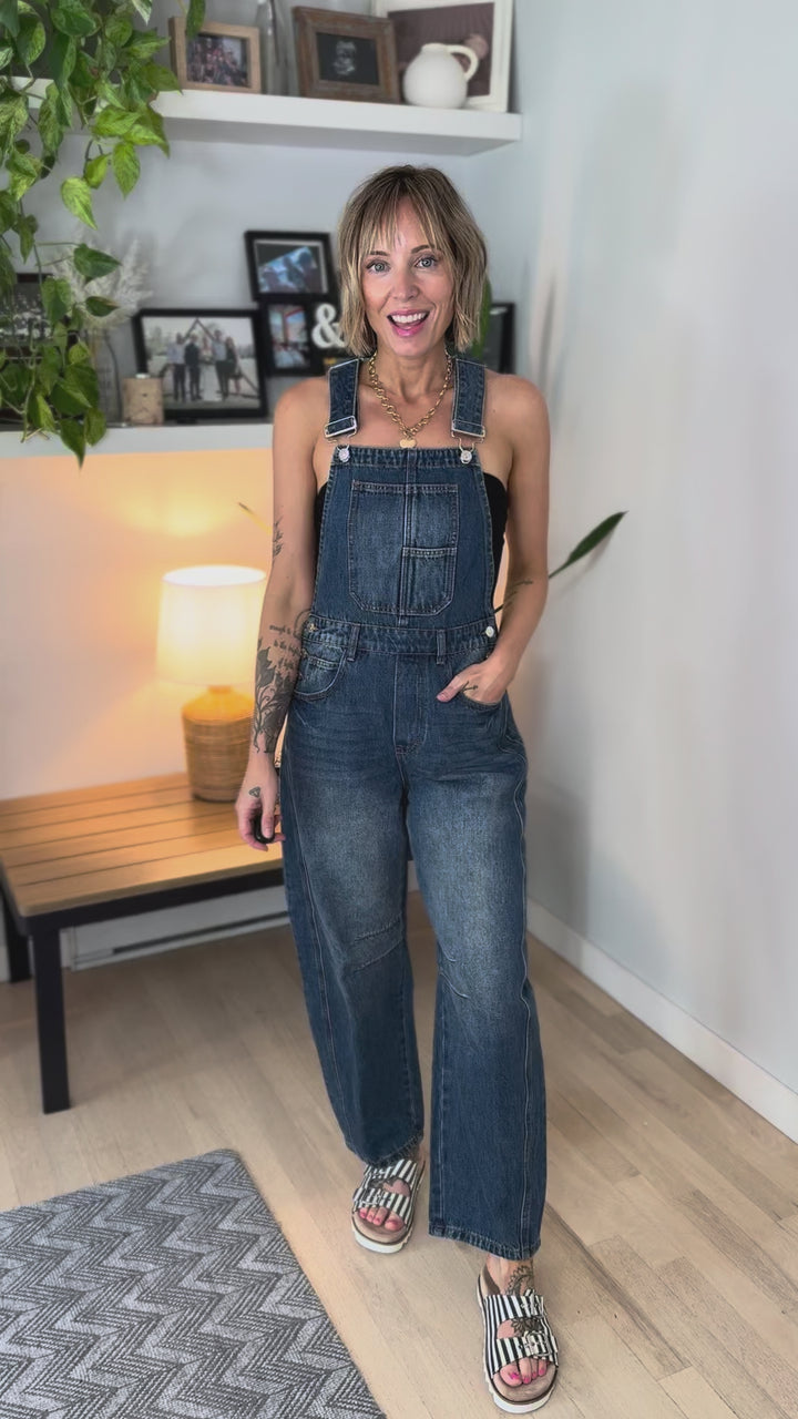 Fiona Denim Barrel Overalls- DARK WASH-FINAL SALE *L*