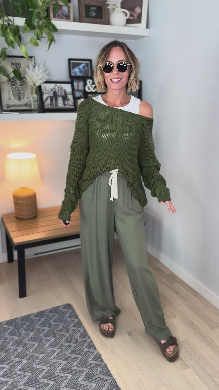 Cambria Long Sleeve V-Neck Cable Knit Sweater- GREEN