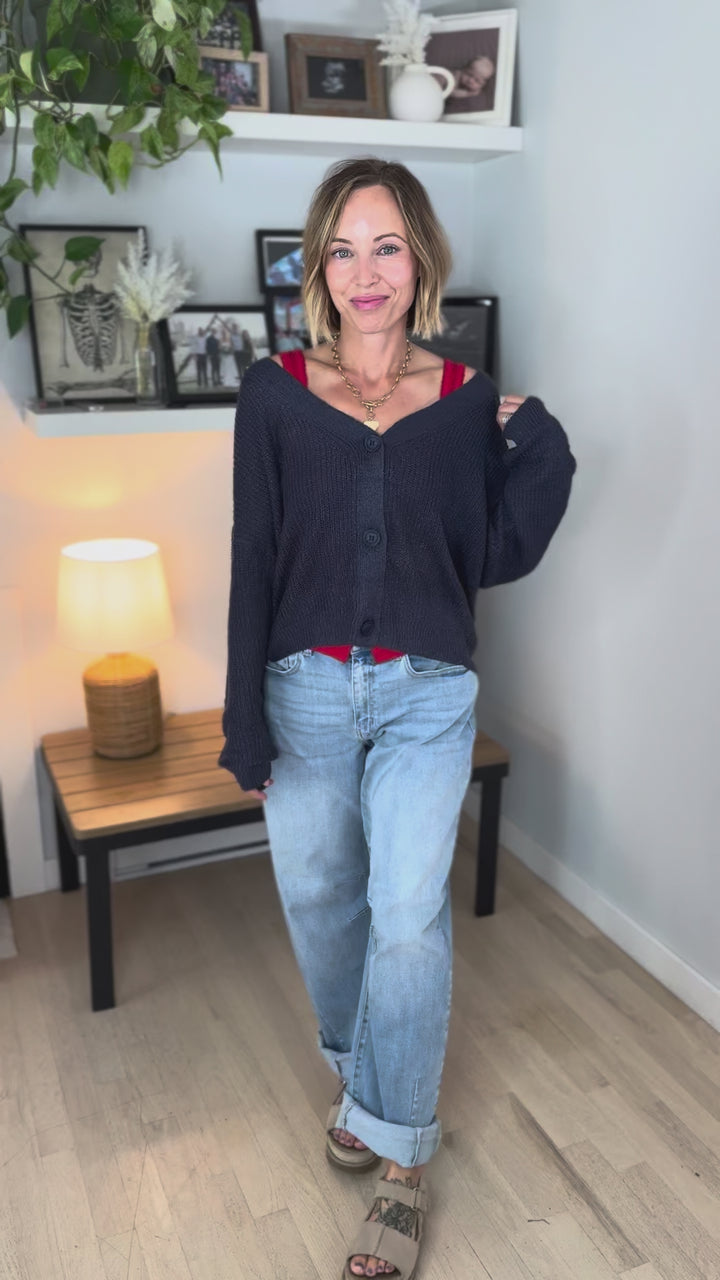 Bronte Button Down Cropped Cardigan- GREY/BLUE