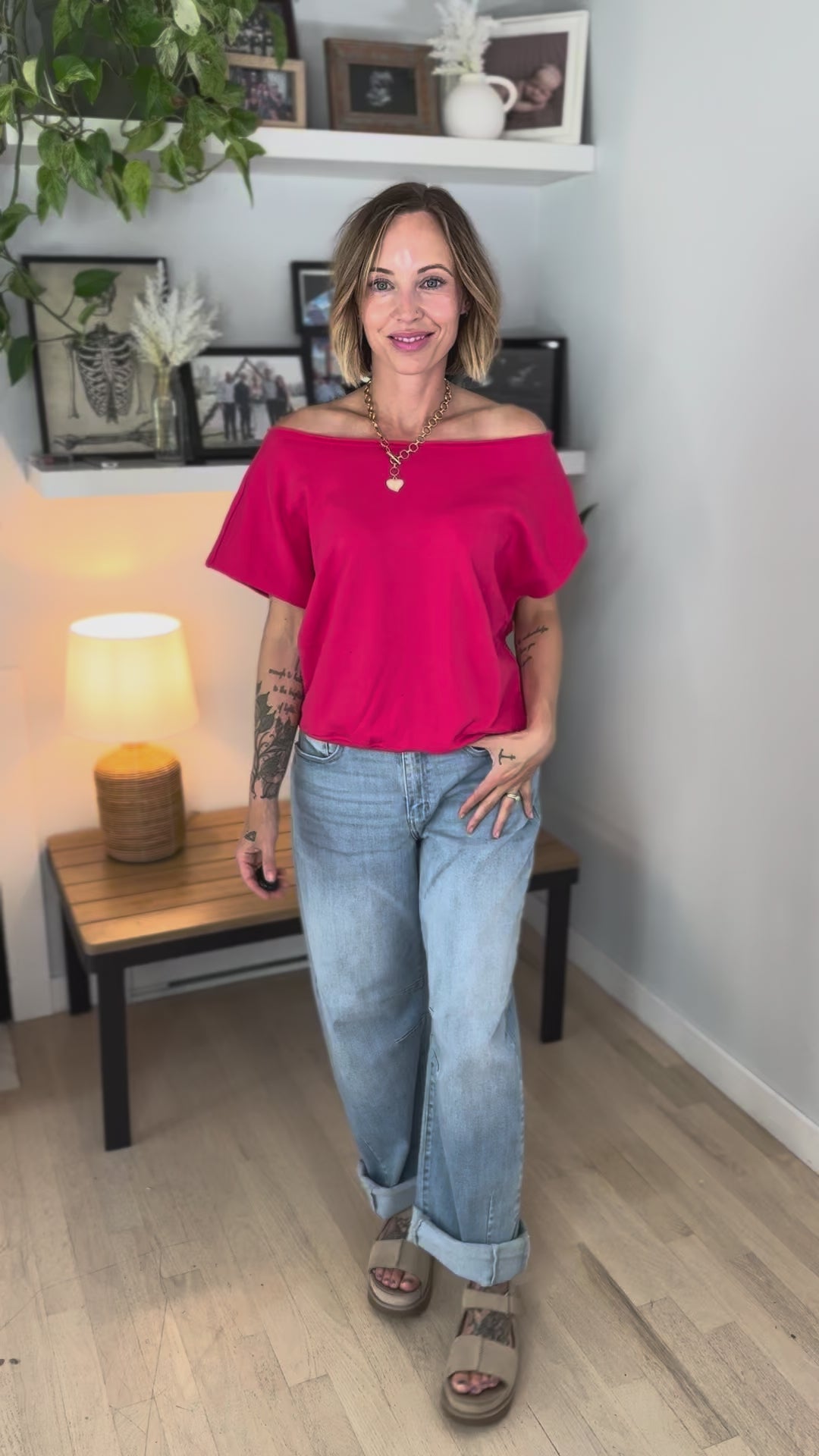 Janice Fleece Off Shoulder Top- CANDY RED