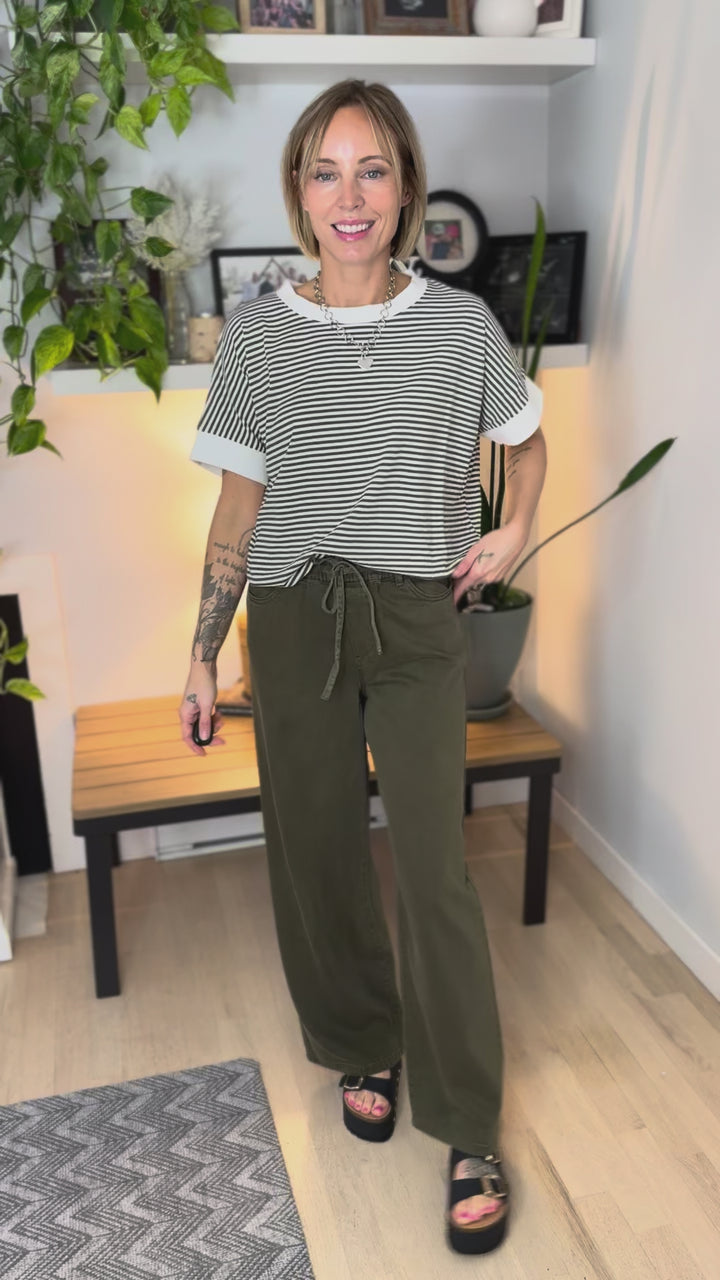 Casey Striped 1/2 Sleeve Top- DARK OLIVE