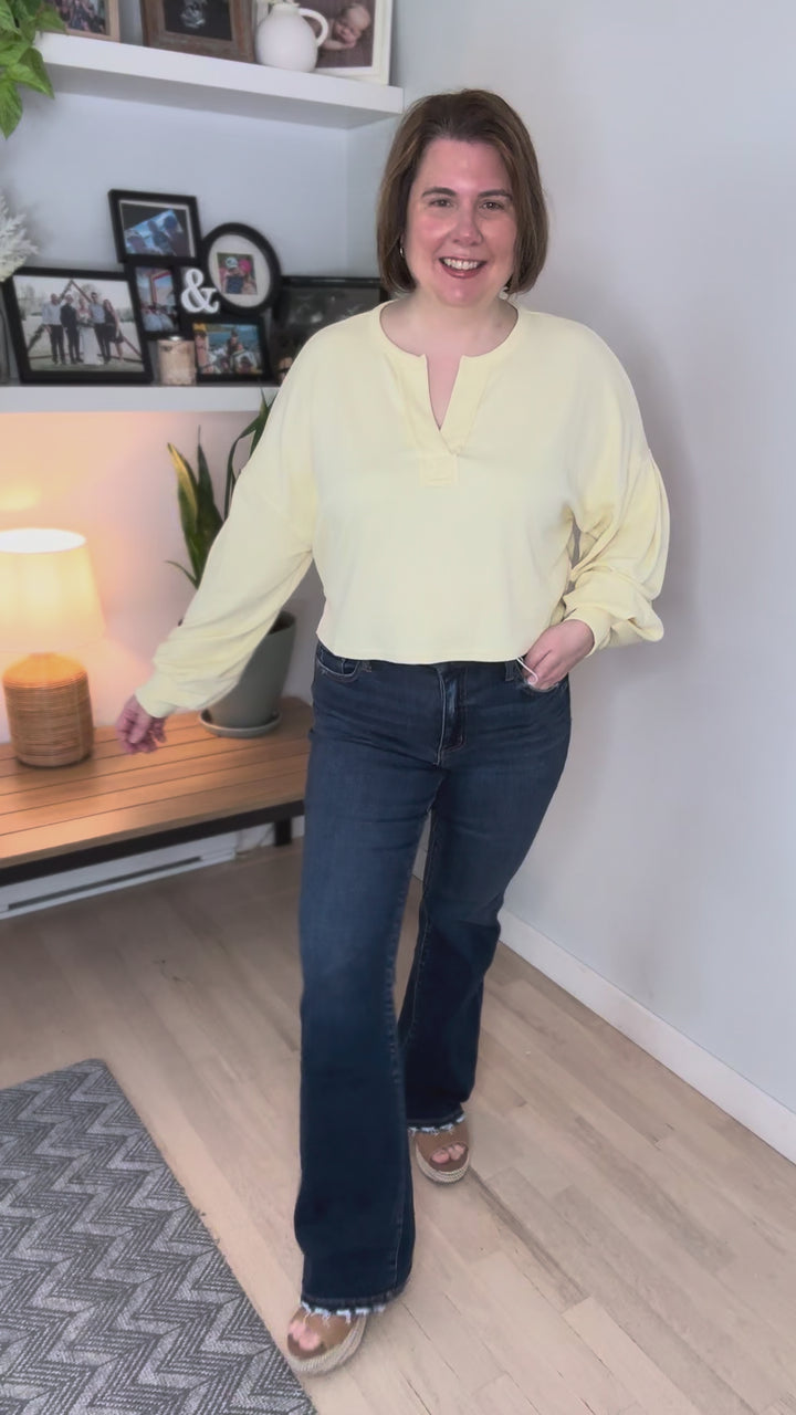 Daphne Split Neck Long Sleeve Cropped Knit Top- BUTTER YELLOW