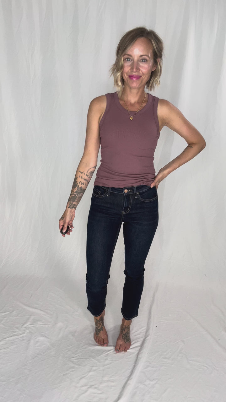 VERVET Roxy Mid/High Rise Ankle Slim Straight Leg- DARK WASH