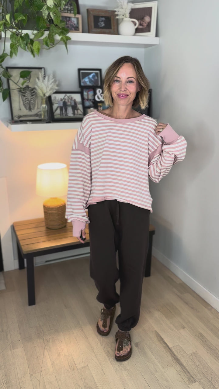Sanbar Striped Open Back Long Sleeve- PINK/WHITE