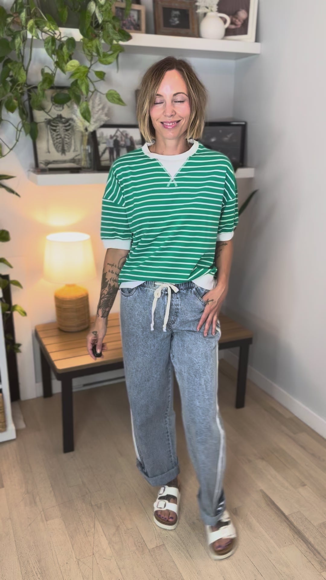 Santorini Stretch Cotton Stripe Short Sleeve- KELLY GREEN