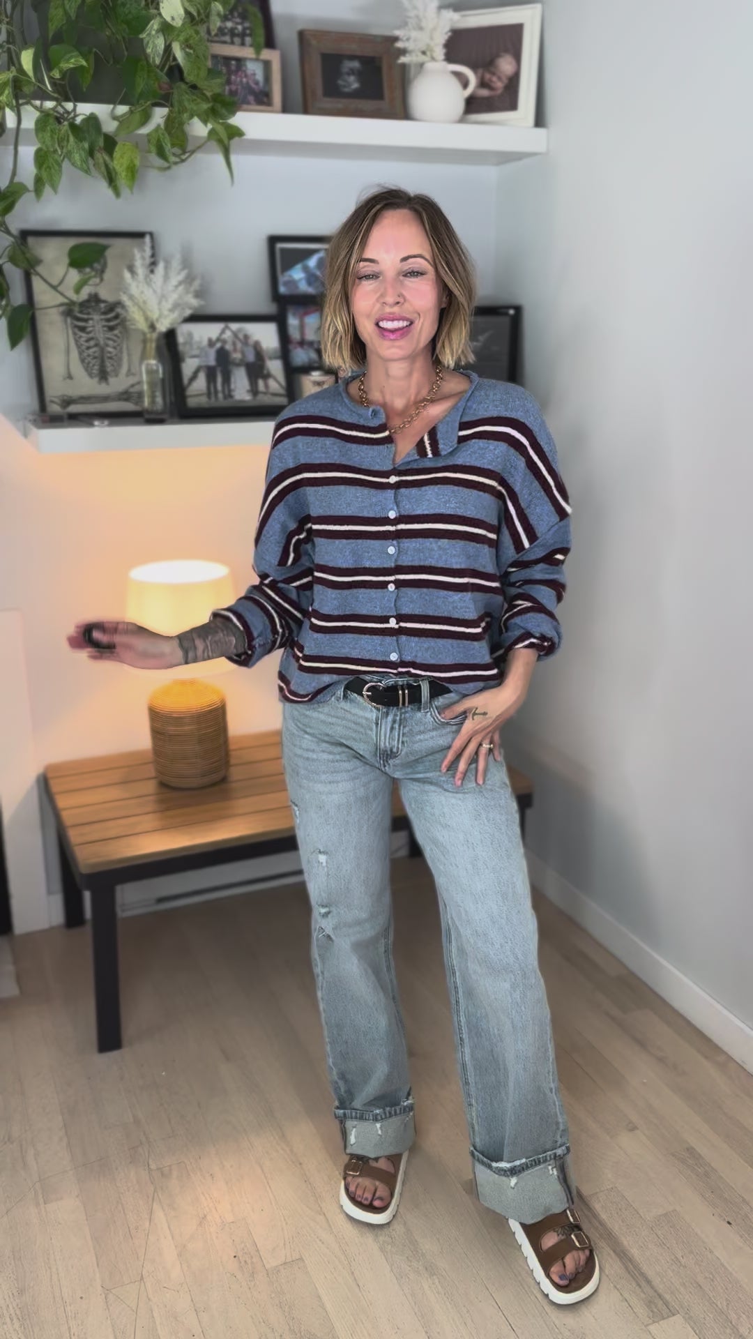 Piper Striped Varsity Cardigan- DUSTY BLUE