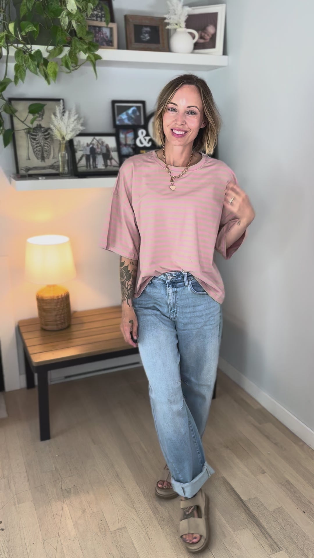 Islaire Oversized Stripe Boyfriend Tee- PINK/OAT