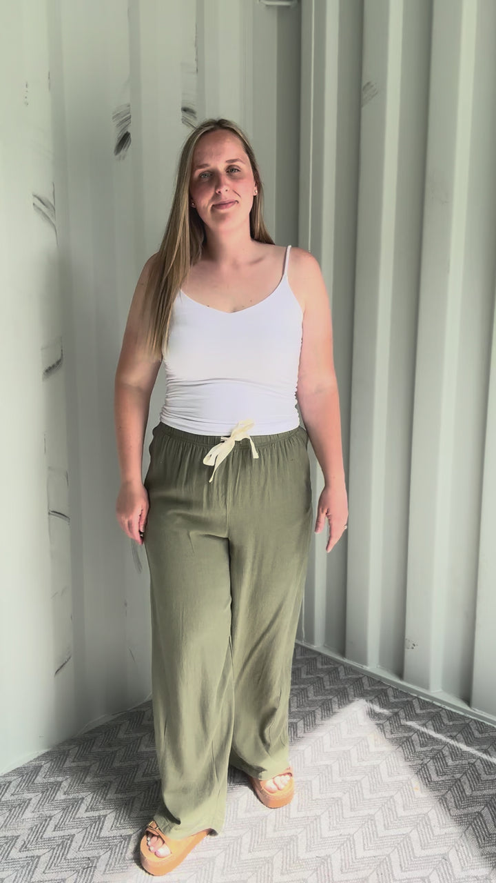 Maui Linen Blend Drawstring Pant- LT OLIVE