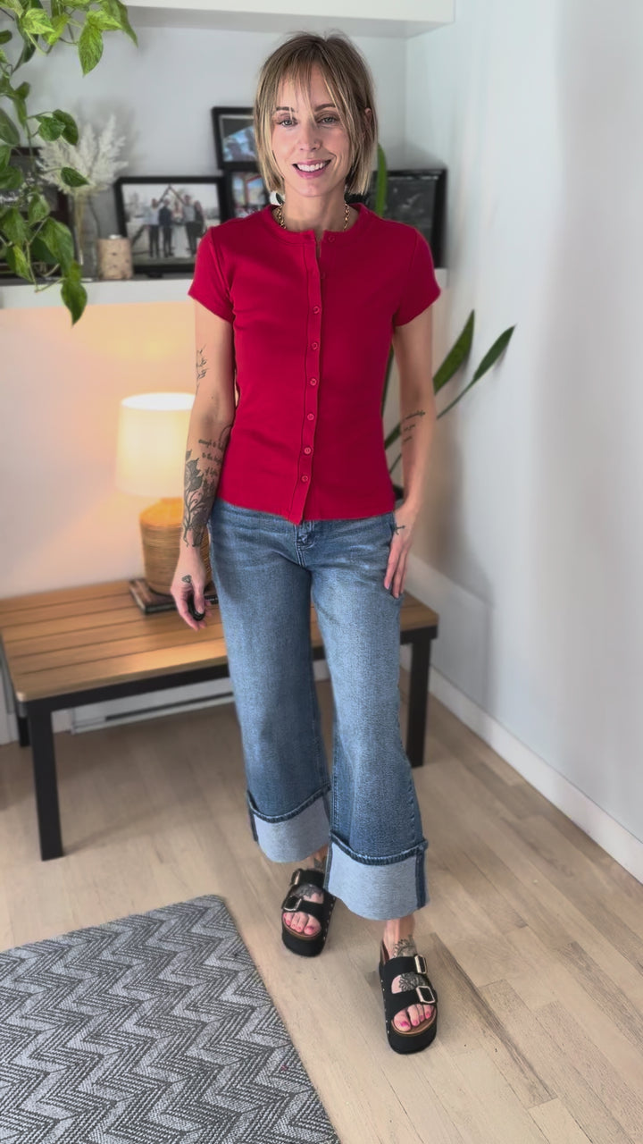 Vanta Ribbed Button Down Short Sleeve- RED-FINAL SALE